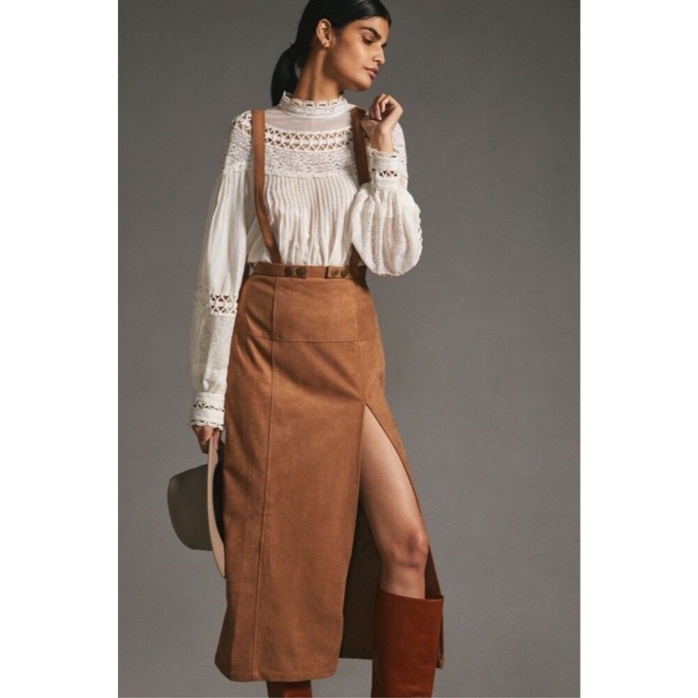 NWT Anthropologie Faux Suede Pinafore Skirt Suspenders Overalls Cedar Brown Sz 4